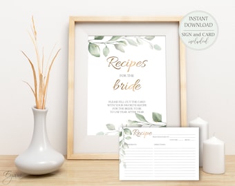 Greenery Gold Signo de receta nupcial y tarjeta Recetas de oro imprimibles para la novia Traiga una receta Tarjeta de receta de despedida de soltera Descarga instantánea W24