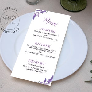 Lavender Wedding Menu Template Editable Dinner Menu Floral Purple Menu Cards Printable DIY Wedding Menu Digital Download W20