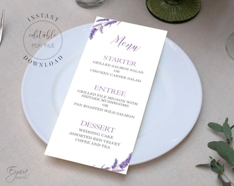 Modelo de cardápio de casamento com lavanda: design floral editável (download digital)