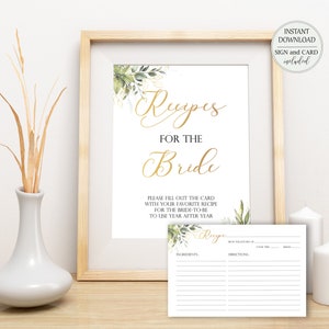 Greenery and Gold Recipes for the Bride Bring A Recipe Bridal Shower Gold Bridal Recipe Sign and Card Instant Download W8