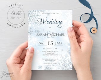 Winter Wonderland Wedding Invitation Template Printable Frozen Snowflakes Wedding Invite Editable PDF Instant Download W4