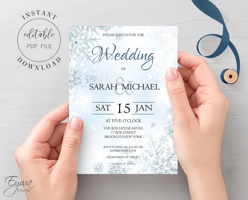 Winter Wonderland Wedding Invitation Template, Printable Frozen Snowflakes Wedding Invite, Editable PDF, Instant Download
