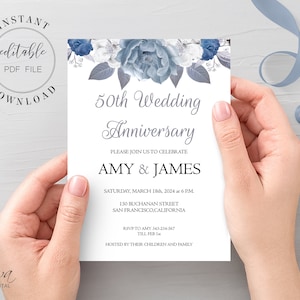 Silver and Blue Rose Anniversary Invitation Template Printable Floral Anniversary Invite Editable PDF DIY Invitation Instant Download W23