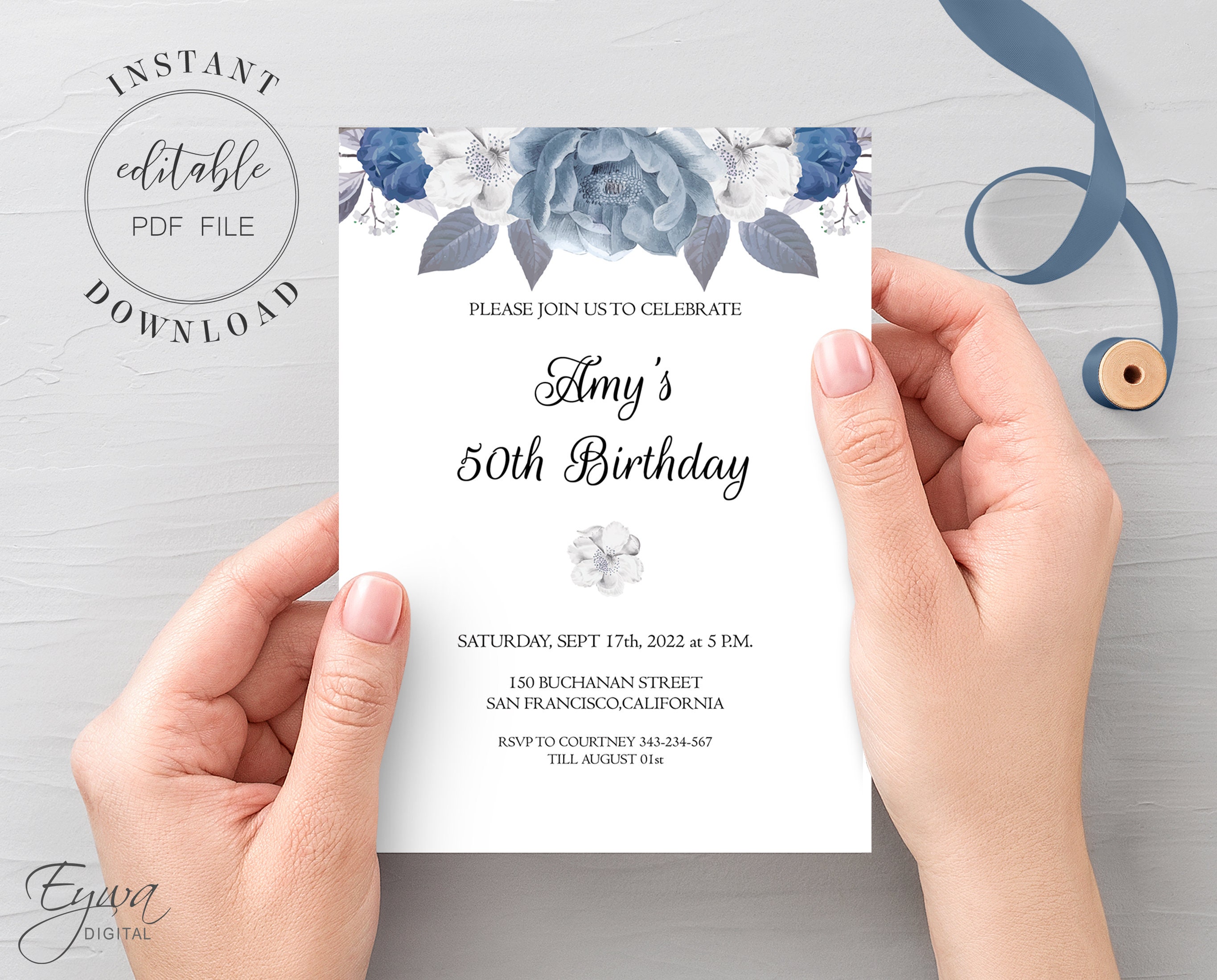 Silver and Blue Rose Birthday Invitation Template Editable Winter ...