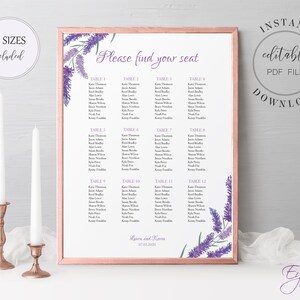 Lavender Wedding Seating Chart Printable Seating Chart Template Editable Violet Seat Chart DIY Wedding Seating Sign Instant Download W20