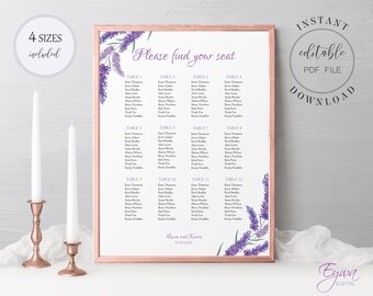 May include: A printable wedding seating chart with a lavender floral design. The chart is titled "Please find your seat" and lists guest names by table number. The text at the bottom reads "Love and Kerra 07.07.2020".