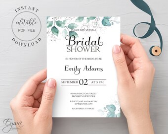 Eucalyptus Bridal Shower Invitation Template Editable Greenery Bridal Shower Invite Printable Bridal Invitation Digital Editable PDF W7