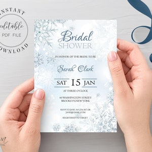 Winter Wonderland Bridal Shower Invitation Template Editable Frozen Snowflakes Bridal Shower Invite Instant Download Editable PDF W4