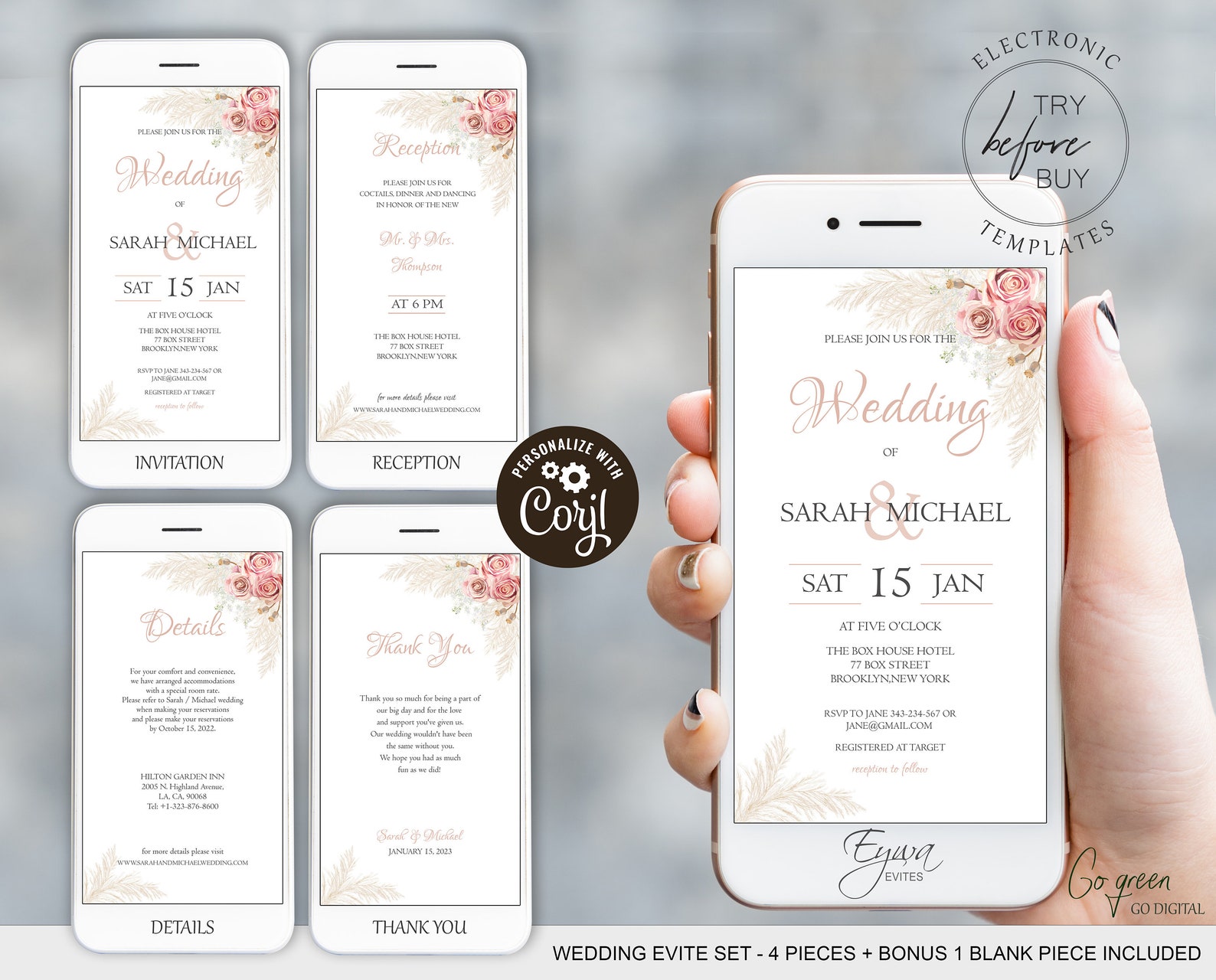 Pampas Grass Wedding Invitation Set Template Printable | Etsy