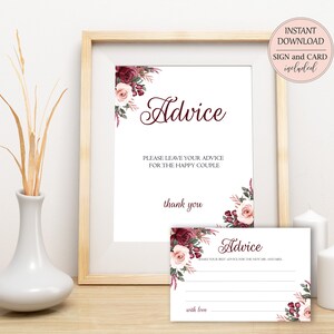 Burgundy Blush Hochzeit Ratschläge und Zeichen Druckbare Ehe Rat Karten Worte der Weisheit Hochzeitswünsche Sofort Download W2