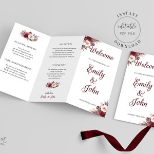 Burgundy Blush Trifold Wedding Program Template Editable Wedding Ceremony Tri-Fold Order Of Service Instant Download Editable PDF W2
