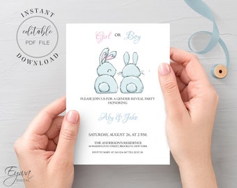Bunnies Gender Reveal Invitation: Editable PDF Template (Digital Download)