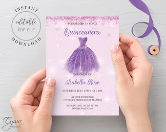 Purple Glitter Dress Quinceañera Invitation Template (PDF)