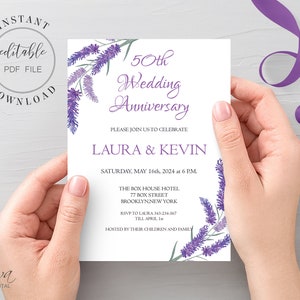 Lavender Anniversary Invitation Template Printable Purple Anniversary Invite Editable PDF DIY Invitation Instant Download W20