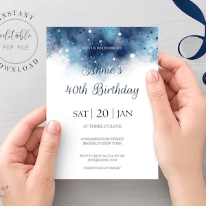 Blue Watercolor Birthday Invitation Template Editable Winter Wonderland Birthday Invite Bday Party Invite Instant Download Editable PDF W9