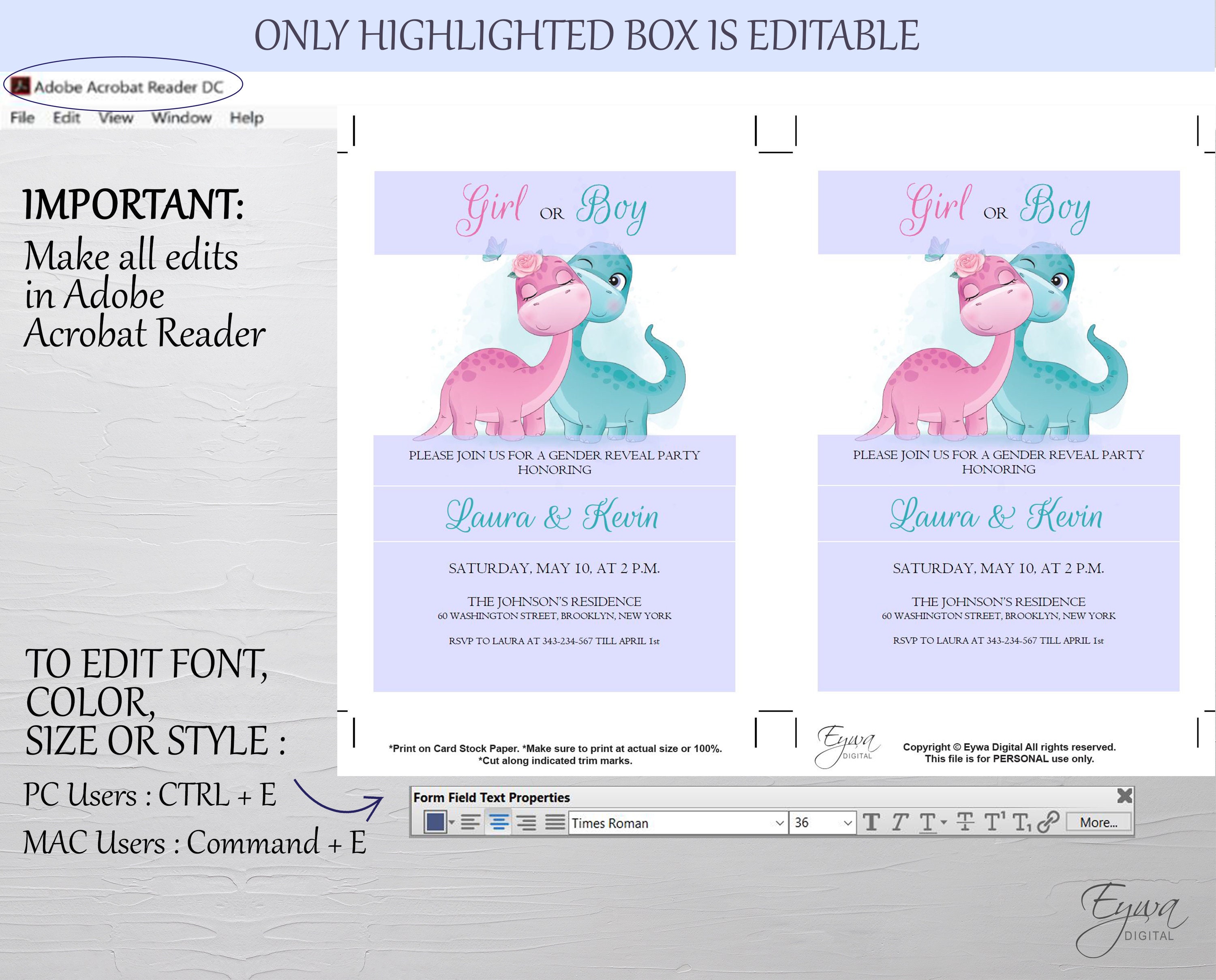 Dinosaur Gender Reveal Invitation Template Editable Dino Gender Reveal