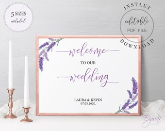 Lavender Wedding Welcome Sign Template Printable Wedding Welcome Poster Editable Violet Welcome Sign DIY Instant Download W20