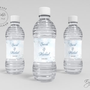 Plantilla de etiquetas de botella de agua de Winter Wonderland, etiqueta de botella de agua de boda, etiqueta de agua azul editable, descarga instantánea, PDF editable W4