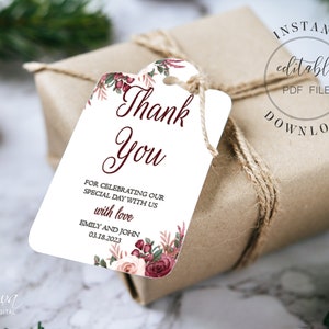 Plantilla de etiqueta de favor de boda de Borgoña y rubor Etiquetas de favor de boda editables Etiquetas de agradecimiento Boho Pdf editable Descarga instantánea W2