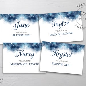 Winter Blau Aquarell Will You Be My Bridesmaid Proposal Card Set Template DIY Trauzeugin Blumenmädchen Brautjungfer Sofort Download W9