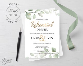 Greenery Rehearsal Dinner Invitation Template Editable Gold Rehearsal Dinner Invite Green Leaves Editable PDF Instant Download W24