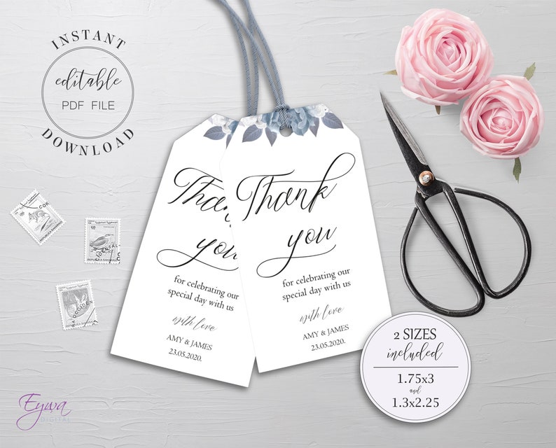 Silver and Blue Rose Favor Tags Printable Thank You Tag - Etsy