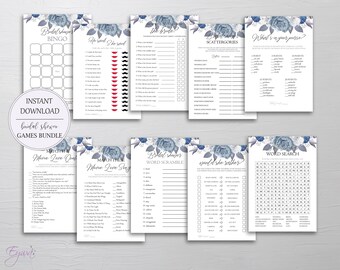 Silver and Blue Rose Bridal Shower Games Bundle Set of 10 Games Bachelorette Party Bingo Word Search He said She Said Instant Download W23