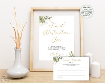 Greenery and Gold Travel Destination Idea Cards and Sign for Bride and Groom Gold Travel Bucket List for Newlyweds Instant Download W8