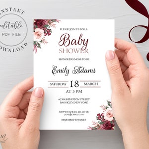 Burgundy and Blush Baby Shower Invitation Template Editable Floral Baby Shower Invite Instant Download Editable PDF W2