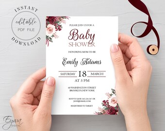 Plantilla de invitación floral burdeos para baby shower (PDF editable)