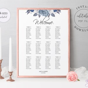 Silber und Blaue Rose Hochzeit Sitzplan Vorlage Bearbeitbare Blumen Sitzplan DIY Hochzeit Sitzplan Zeichen Sofort Download W23