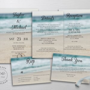 Beach Wedding Bundle Template with Details Reception Rsvp Thank You Cards Printable Ocean Sand Wedding Invitation Set Instant Download W11