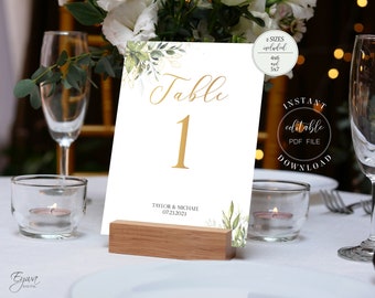 Greenery and Gold Wedding Table Numbers Template Editable Table Number Cards Instant Download DIY Party Table Decor W8