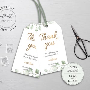 Plantilla de etiqueta de favor de boda de vegetación editable Etiquetas de favor de boda de oro falso Etiquetas de agradecimiento Pdf editable Descarga instantánea W24