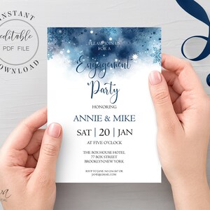 Winter Blue Engagement Party Invitation Template Editable Blue and White Snowflakes Engagement Invite Editable PDF Instant Download W9