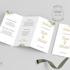 Greenery and Gold Trifold Wedding Program Template Editable Wedding Ceremony Tri-Fold, Order Of Service, Instant Download Editable PDF W8