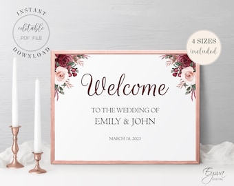 Burgundy Floral Wedding Welcome Sign Template (PDF)