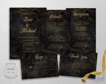 May include: Black and gold wedding invitation suite with marble background. The invitation includes the couple's names, wedding date, time, and location. The reception card includes the couple's names, reception date, time, and location. The RSVP card includes a place for guests to RSVP and their meal choice. The thank you card includes a message of thanks to the guests.
