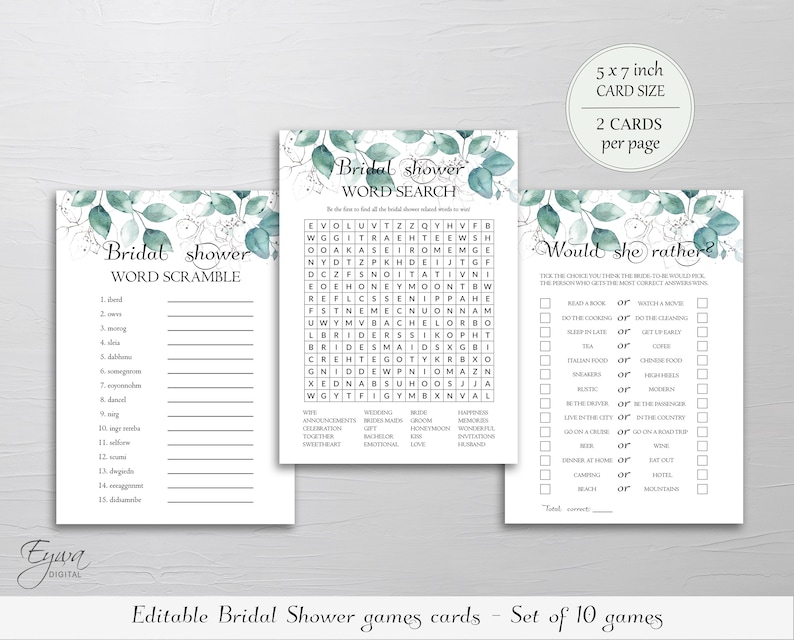 Editable Eucalyptus Bridal Shower Games Bundle Set of 10 Games