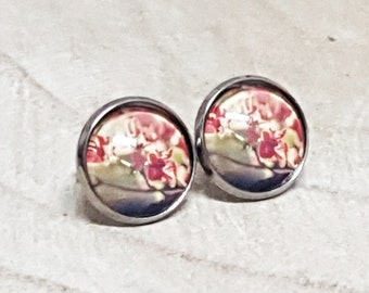 Blüten Ohrringe, Edelstahl Fassung, 12 mm Cabochon, 3 Ohrring Varianten