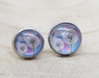 Ohrringe mit Pusteblume hellblau-pink, Cabochon 10/12 mm, Edelstahl Fassung individualisierbar