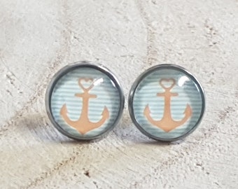 Edelstahl Anker Ohrringe, 12 mm, orange, hellblau, weiß, Ohrring individualisierbar