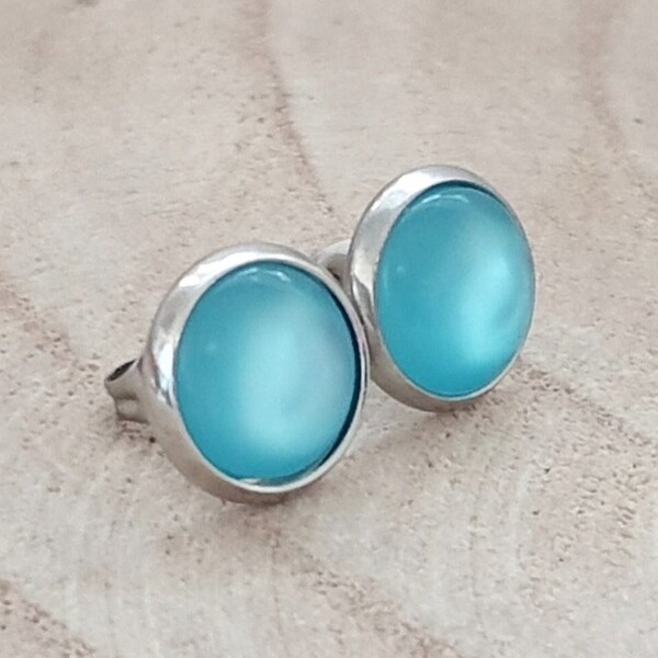 Light turquoise blue acrylic earrings, 10 mm stainless steel silver setting, 3 earring variations