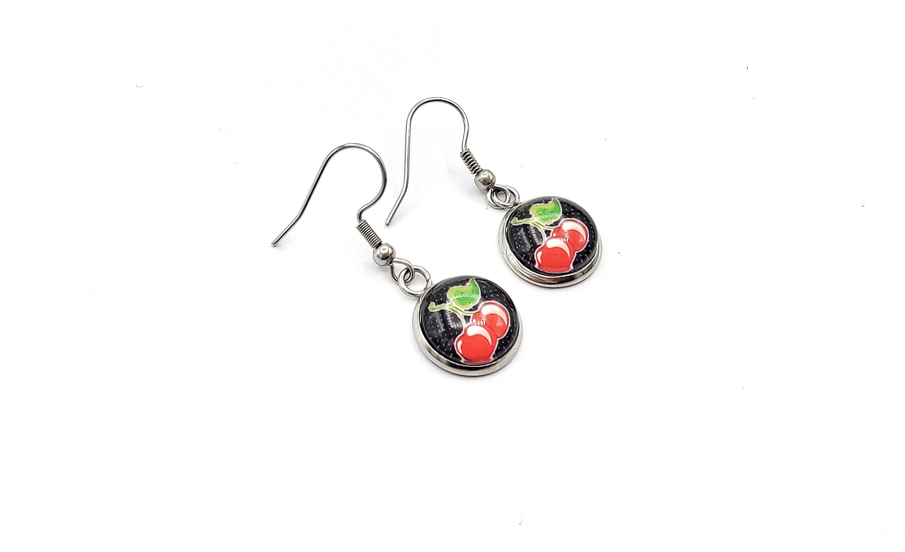 12 Mm Cherry Earrings Earrings Black Red Dots Stainless Etsy UK