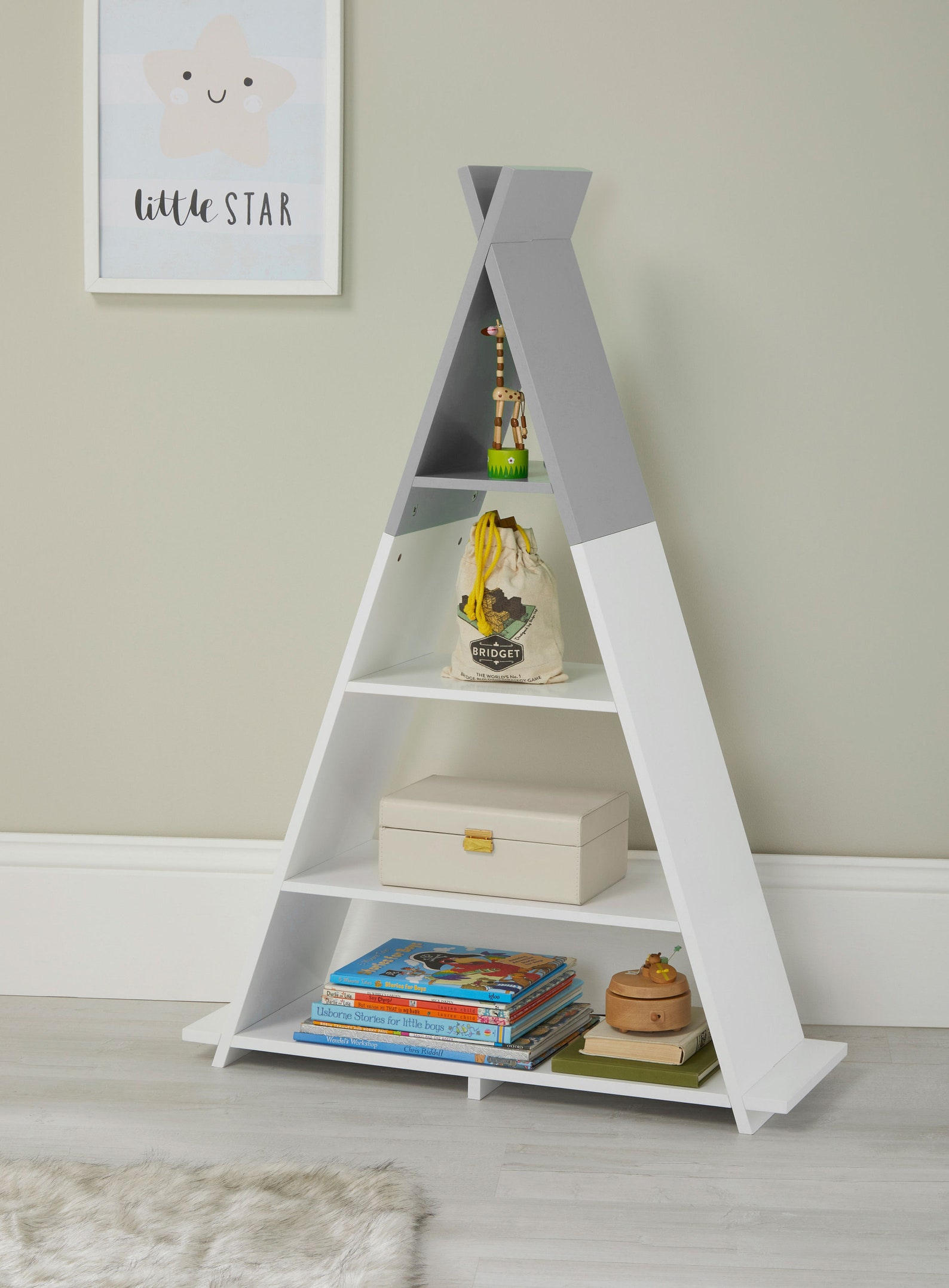 Childrens Kids Bedroom Nursery Floor Standing Tipi Storage Shelving White & Grey Green