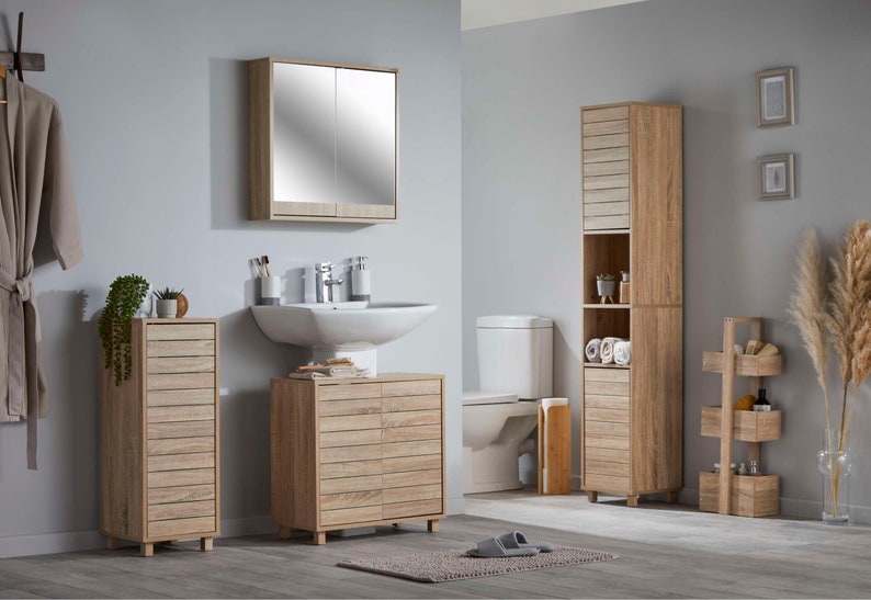Light Wood Bathroom Furniture Collection Tallboy Caddy Floor Etsy UK