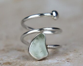 UK Size R/S | Welsh Sea Glass Sterling Silver Statement Ring | Wire Twist Sea Glass Bold Ring With Molten Balls | Recycled Jewellery