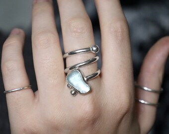 Welsh Sea Glass Sterling Silver Statement Ring | UK Size P/Q | Wire Twist Sea Glass Bold Ring With Molten Balls | Recycled Jewellery