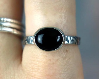 Black Onyx 925 Sterling Silver Ring | UK Size T | Handmade and Textured Ring With a Patina Finish