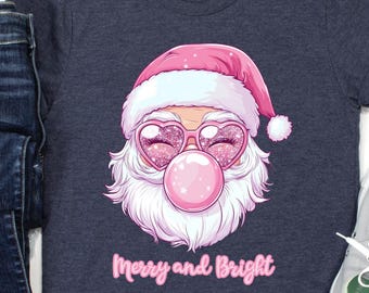 Pink Christmas Shirt | Merry and Bright Tee | Cute Retro Santa Graphic Tshirt | Bubblegum Santa Gift | Holiday Aesthetic Shirt for Women